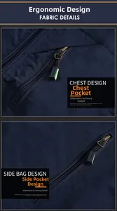 Détails du gilet d'extérieur bleu foncé montrant les poches de poitrine et latérales zippées