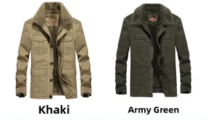 Detail of loose fit winter parka jackets with fleece collar in khaki and army green colors