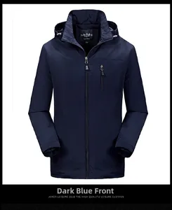 Vista detallada de un cortavientos azul marino para hombre con bolsillo vertical con cremallera