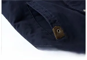Detail of navy twill jacket pocket with brown suede trim and reinforced stitching
