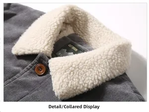 Detail of grey corduroy jacket collar with warm white sherpa fleece lining