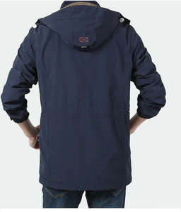 Detail of navy windbreaker back with waist drawstring and orange hood stitching