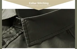 Détail du col d'une chemise en coton vert militaire avec coutures et boutons de qualité