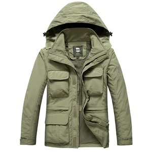 Army green waterproof outdoor jacket with hood and breathable mesh lining for hiking