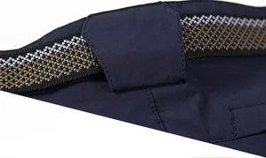 Detailed view of heavy-duty stitching and decorative woven belt on navy trousers