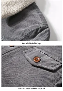 Detail showing grey corduroy fabric texture, white faux shearling collar and chest pocket