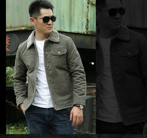 Detail of army green work jacket featuring soft fleece lining and classic metal buttons