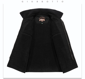 Detailed flat lay of men's black winter jacket showing thick warm fleece lining and collar