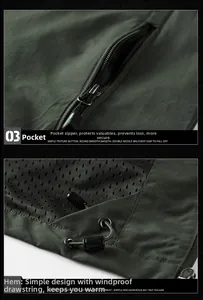 Detalle de chaqueta con bolsillos con cremallera, dobladillo con cordón y forro de malla
