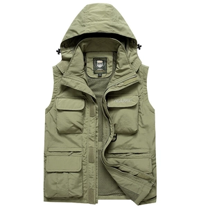Army green hooded utility cargo vest with multiple pockets and breathable mesh lining