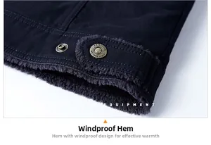 Detail of winter jacket hem featuring windproof metal toggle and thick fleece lining