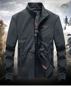 Detail of dark grey tactical jacket featuring stand collar and Fashion Milano logo print