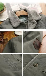 Detailed views of the warm shearling collar, embroidery and metal buttons of the jacket