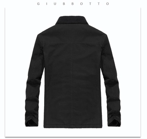 Rear view of black winter canvas jacket featuring fleece collar and stitching details