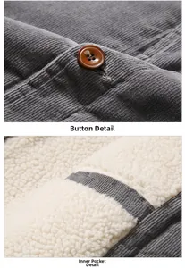 Detail of grey corduroy jacket with brown buttons and warm white fleece lining