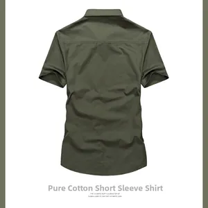 Detailed view of the back yoke and stitching on an olive green cotton short-sleeved shirt