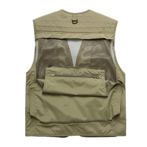 Army green outdoor multi-pocket fishing vest with breathable mesh back and D-ring