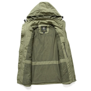 Men's army green hooded windbreaker jacket with breathable black mesh lining