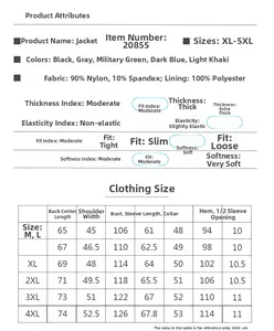 Size chart showing fabric composition and detailed measurements for men's casual jacket