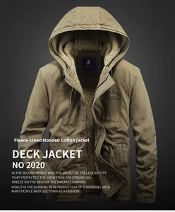 Detail of khakideck jacket with warm fleece lining and hood for winter protection