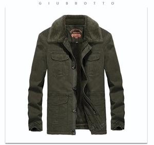 Detail of army green cargo jacket with warm brown fleece collar and front pockets