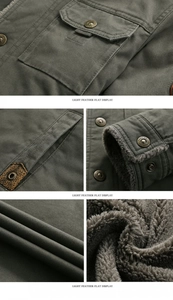 Detailed views of heavy cotton parka showing fleece lining and metal button pockets