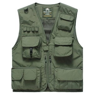Men's outdoor utility fishing vest in olive green with multi-pockets and mesh lining