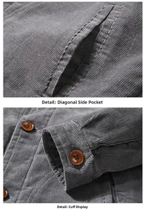 Detail view of grey corduroy jacket fabric showing slanted side pockets and buttoned cuffs