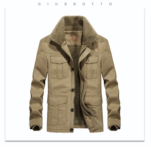Detail of khaki men's cargo jacket showing warm fleece lining and brown faux fur collar
