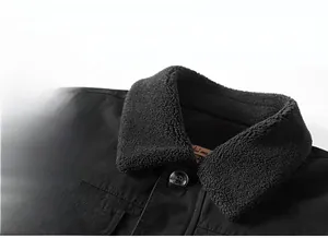 Close-up of men's winter jacket collar with soft gray fleece lining and button details