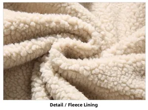 Close-up of thick beige lamb wool fleece lining for winter thermal insulation