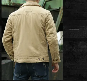 Rear view of men's khaki winter jacket with warm fleece lining and sturdy canvas fabric