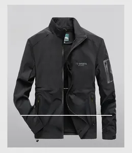 Detail of men's black stand collar jacket with zipper and FS SPORTS logo print