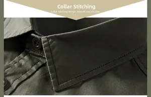 Detail of dark green shirt collar featuring neat stitching and button-down design