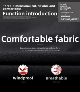 Detailed macro view of windproof and breathable fabric texture on a black men's casual jacket