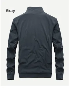 Back view of men's grey casual jacket with ribbed cuffs and stand collar detail