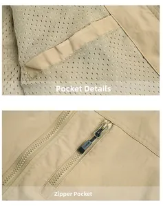 Detail of khaki outdoor vest showing breathable mesh lining and zippered pocket with sports puller