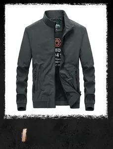 Detail view of men's grey casual jacket showing stand collar, full zipper, and ribbed cuffs