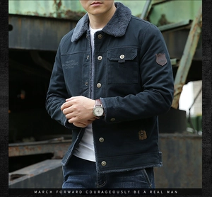 Detail of dark blue fleece-lined work jacket with gray sherpa collar and metal buttons