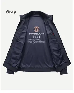 Detail of men's dark grey jacket featuring stand collar and breathable mesh lining