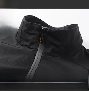 Macro shot of minimalist stand collar on black windbreaker jacket with waterproof zipper