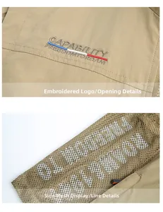 Detailed view of outdoor vest featuring chest embroidery and breathable mesh fabric