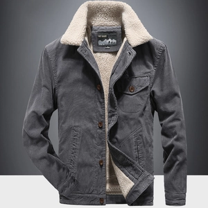 Men Casual Cotton Corduroy Fleece Lined Jacket Sherpa Collar Warm Winter Outerwear Single Breasted Thickened Padded Coat