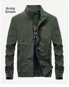 Detail of army green bomber jacket featuring stand collar and ribbed cuffs for men