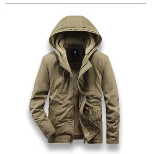 Close-up of khaki hooded jacket with thick fleece lining and zip button closure