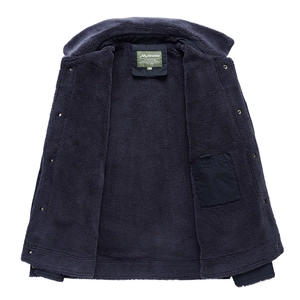Men's navy blue winter outdoor jacket with warm fleece lining and metallic snap buttons