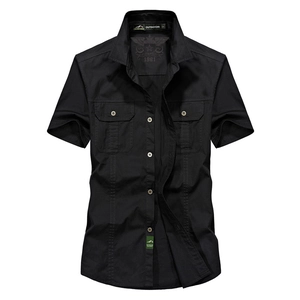 Men's black short sleeve military utility shirt with chest flap pockets and cotton twill fabric