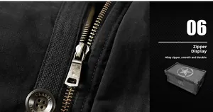 Detailed macro shot of vintage bronze alloy zipper and classic metal button on black jacket