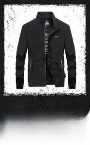 Detail of men's black sports jacket featuring a stand-up collar and full zipper closure