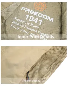 Close-up of khaki mesh fishing vest featuring inner print and functional zipper pocket
